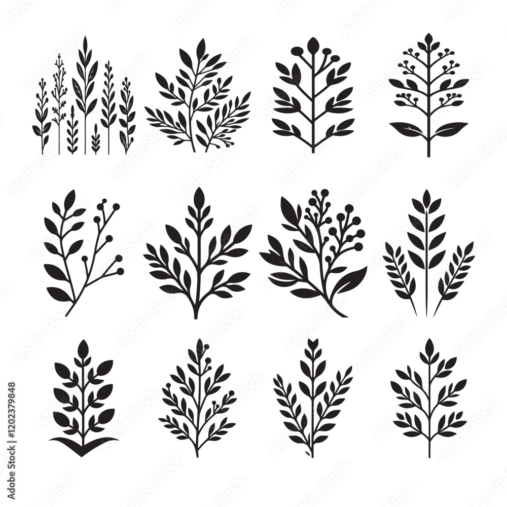 Fototapeta premium Branch Stylized Black and White with Leaves, plants and flowers 
