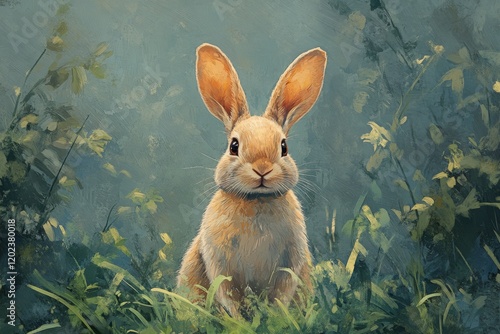 Cute rabbit sitting in vibrant green grass during golden hour in a serene env...