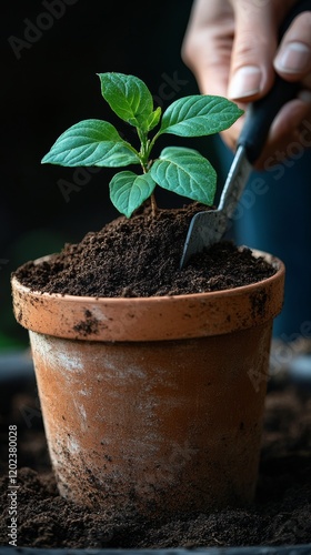 Gardening enthusiast planting young green sapling in terracotta pot surrounde...