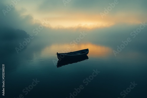Soft morning light over a tranquil lake with a single boat drifting in the mist