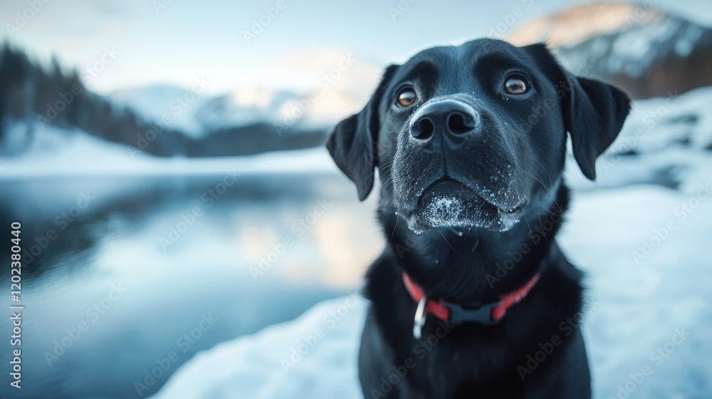 A striking black dog stands by a snowy lake, its fur dusted with snowflakes, capturing the beauty of winter and the bond between nature and animals. A striking black dog stands by a snowy lake, its fur dusted with snowflakes, capturing the beauty of winter and the bond between nature and animals.