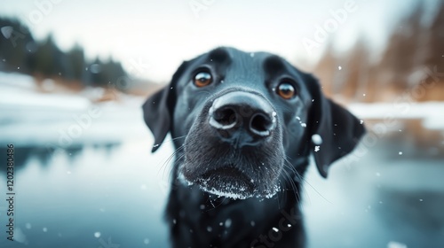 A close-up of a curious black dog's face amidst a winter landscape, showcasing its soulful eyes and the essence of pure nature's beauty and animal companionship.