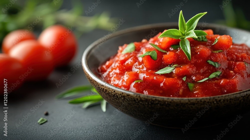 A vibrant bowl of tomato salsa, beautifully garnished with basil leaves, captures the essence of fresh flavors and the art of cooking that's full of creativity and joy. A vibrant bowl of tomato salsa, beautifully garnished with basil leaves, captures the essence of fresh flavors and the art of cooking that's full of creativity and joy.