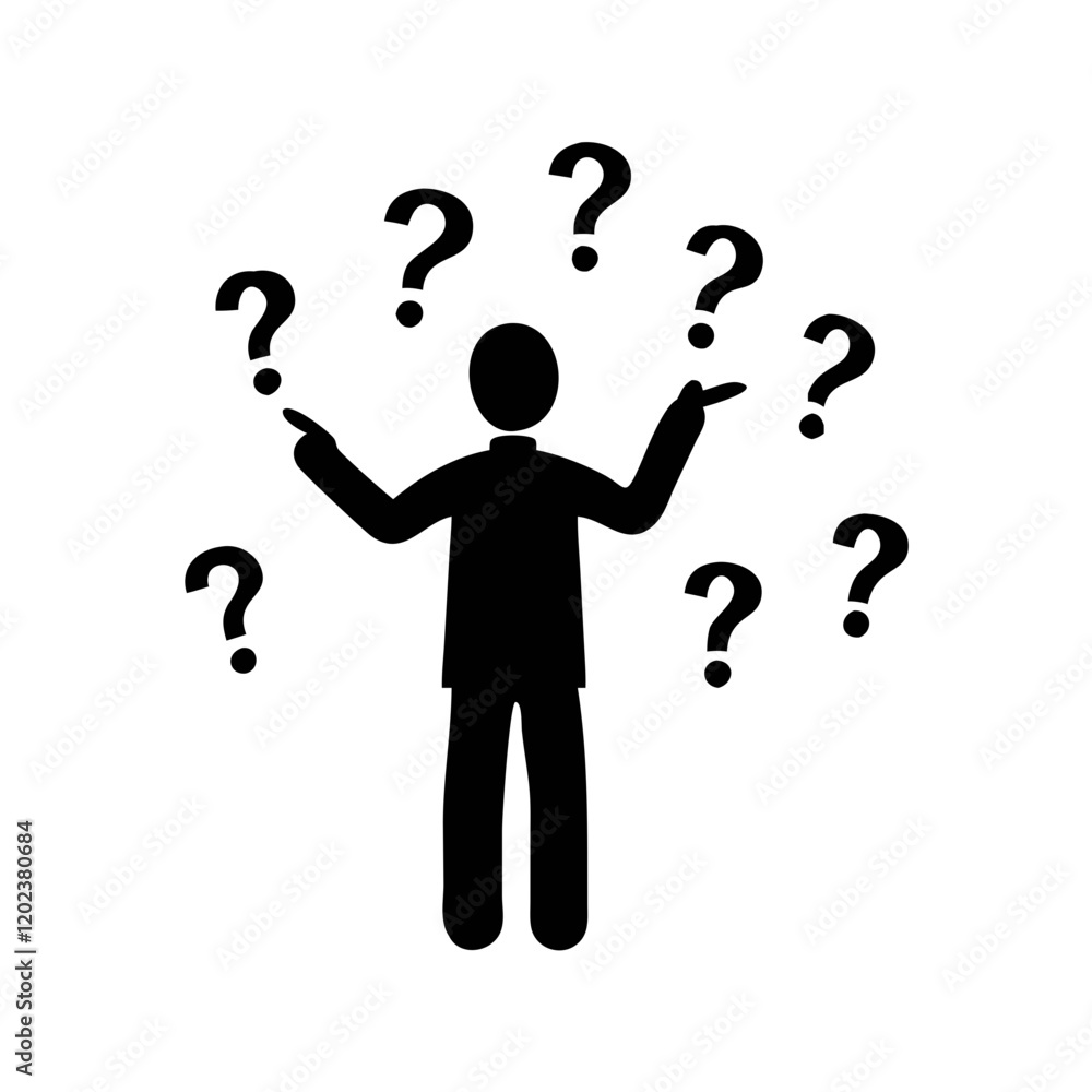 Silhouette with spread arms and scattered question marks Silhouette with spread arms and scattered question marks