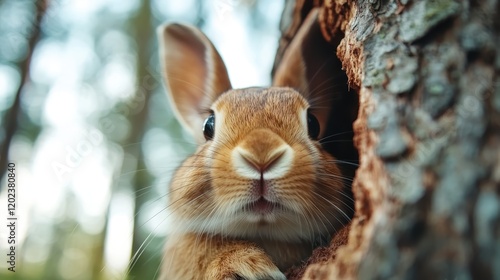 This adorable rabbit peeks curiously from a hollowed tree, showcasing its intricate features and the beautiful forest surroundings in bright, soft light.
