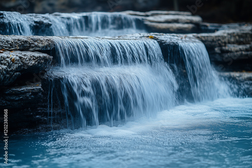 Water flowing down rocky waterfall in serene environment.