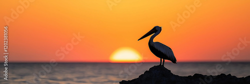 Elegant pelican silhouette against sunset on tropical beach, tranquility