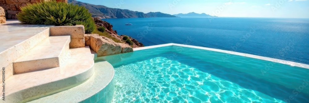 Whirlpool of turquoise waters laps at villa steps leading into sea, holiday resort, water feature, tropical beach Whirlpool of turquoise waters laps at villa steps leading into sea, holiday resort, water feature, tropical beach