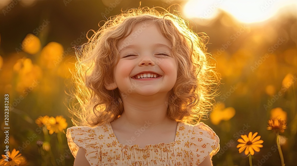 Joyful child smiling in a sunny flower field during golden hour Joyful child smiling in a sunny flower field during golden hour