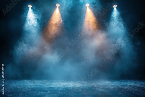 Bright stage lights illuminating a foggy performance area in an event space