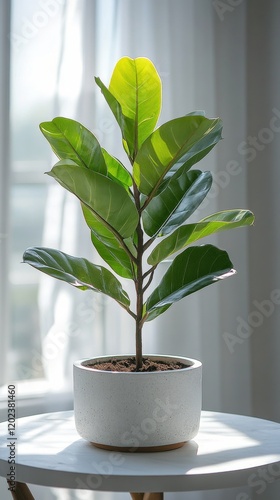 Green indoor plant in a minimalist pot on a wooden table near a bright window...