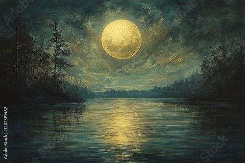 Stunning full moon reflection over a calm lake at dusk with surrounding mount...
