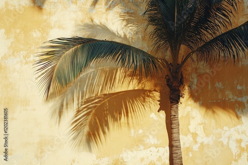 Palm tree casts intricate shadows against a textured wall during daylight