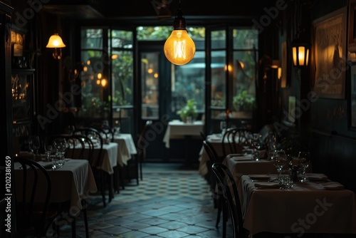 Warm light illuminates dining area in modern restaurant during evening hours