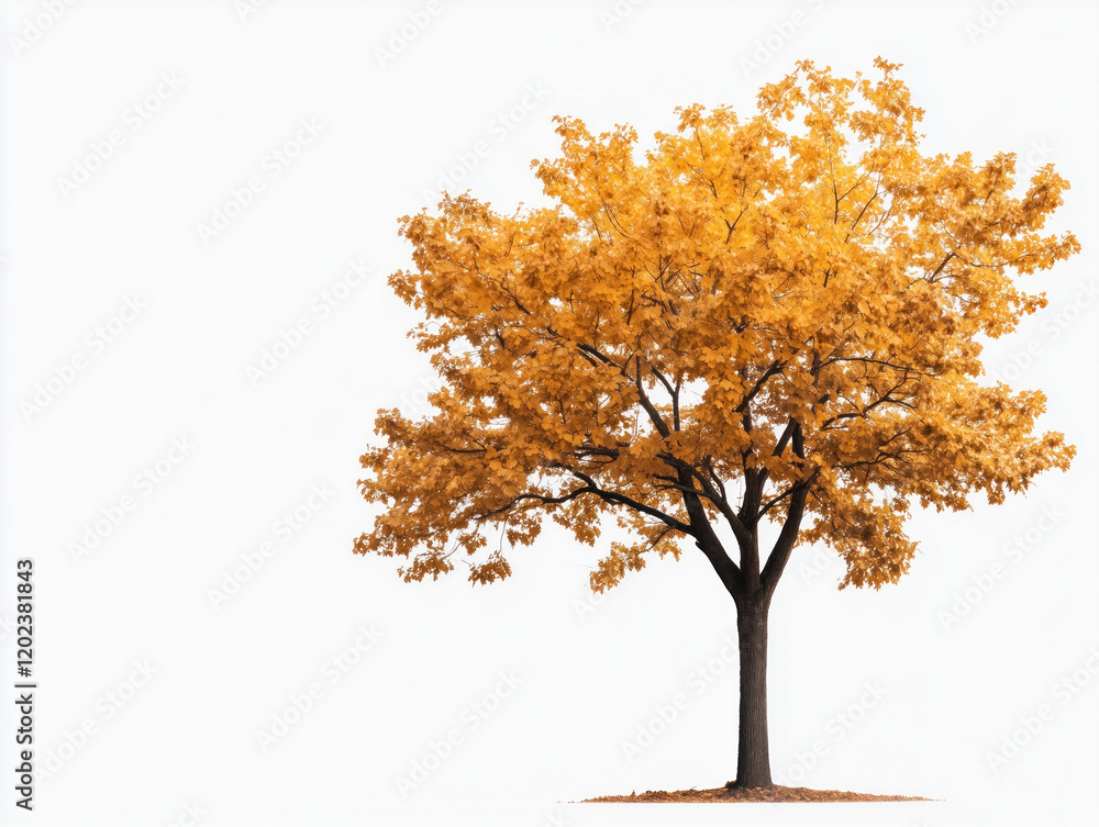 Golden Autumn Tree on White Background: Vibrant Fall Foliage Isolated Elegance