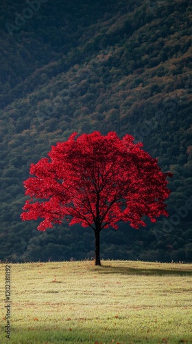 Vibrant red tree stands alone in a green field under a clear blue sky during ...