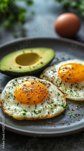 Delicious breakfast featuring fried eggs and fresh avocado on a gray plate