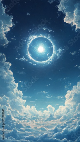 Vast blue sky with circular cloud formation over snowy mountains during daytime