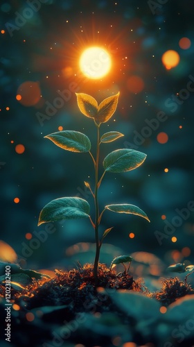 Sprouting plant illuminated by glowing light in enchanting forest setting dur...