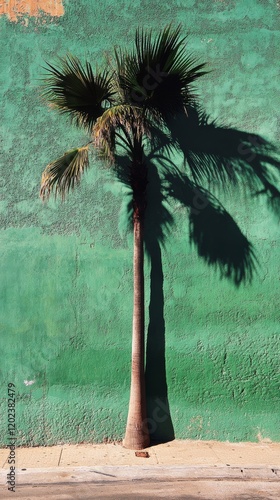 Sunlight casts a shadow of a palm tree against a vibrant green wall on a clea...
