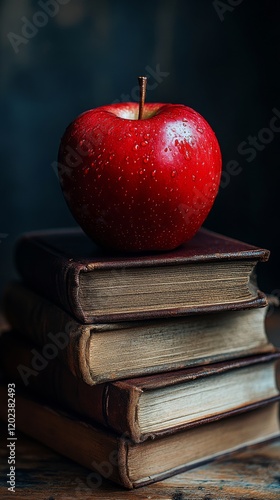 Bright red apple placed on a stack of vintage books in a dimly lit setting