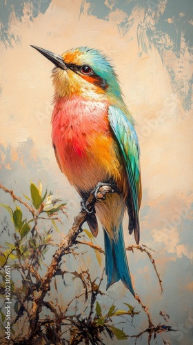 Colorful bird perched on a branch in a serene natural setting during daylight