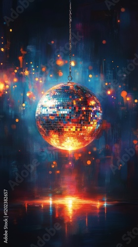 Colorful disco ball hanging with reflections and a vibrant backdrop at a fest...
