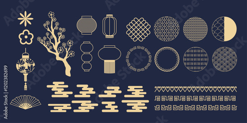 Traditional elements for decoration in Chinese ornaments. Chinese New Year.  Oriental geometric shapes. Traditional elements for decoration in Chinese. Ornament. Trendy modern line art.  