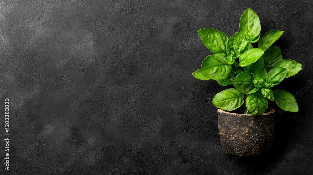 Naklejka premium Fresh basil plant in pot on dark background, cooking ingredient, recipe website