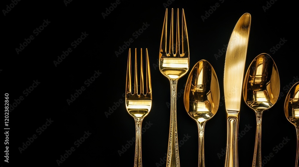 Golden Cutlery Set On Dark Background Shining Plates Silverware Spoon Knife Forks Dining Golden Cutlery Set On Dark Background Shining Plates Silverware Spoon Knife Forks Dining