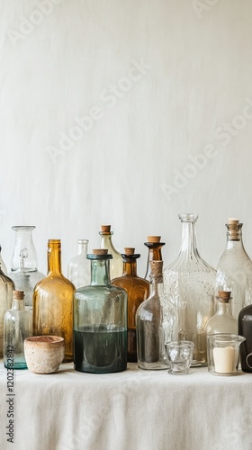 Vintage glass bottles arranged on a shelf showcasing unique shapes and textur...