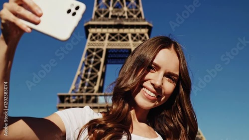 Woman Taking Selfie in Front of Eiffel Tower Scene Footage