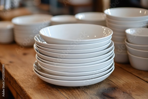 Stacked white bowls on a wooden table in a cozy kitchen setting