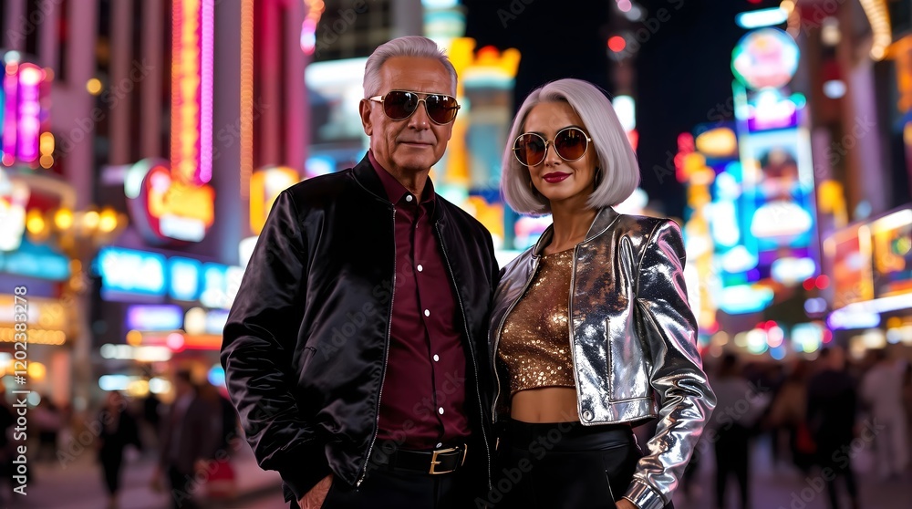Stylish Elderly Couple Enjoying Neon Lights at The Strip, Las Vegas at Night (Travel) (Aging) Stylish Elderly Couple Enjoying Neon Lights at The Strip, Las Vegas at Night (Travel) (Aging)