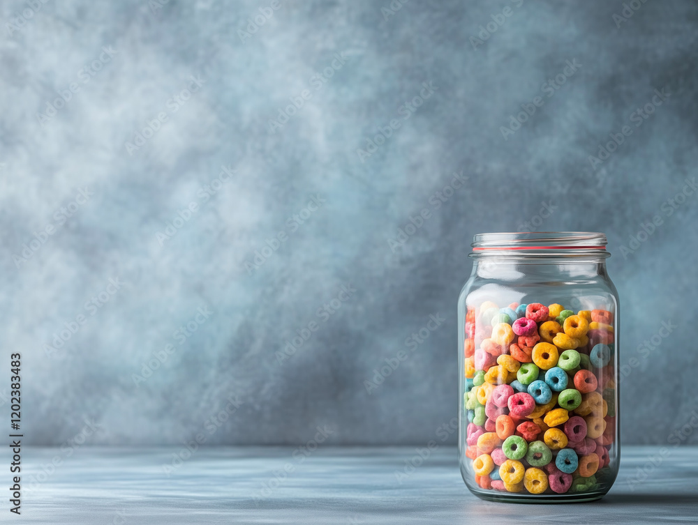 Colorful Breakfast Cereal in Glass Jar Against Blue Background - Vibrant Food Photography Colorful Breakfast Cereal in Glass Jar Against Blue Background - Vibrant Food Photography