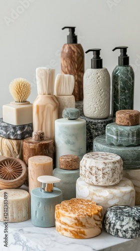 Natural handmade soaps and body products displayed on a rustic wooden table i...