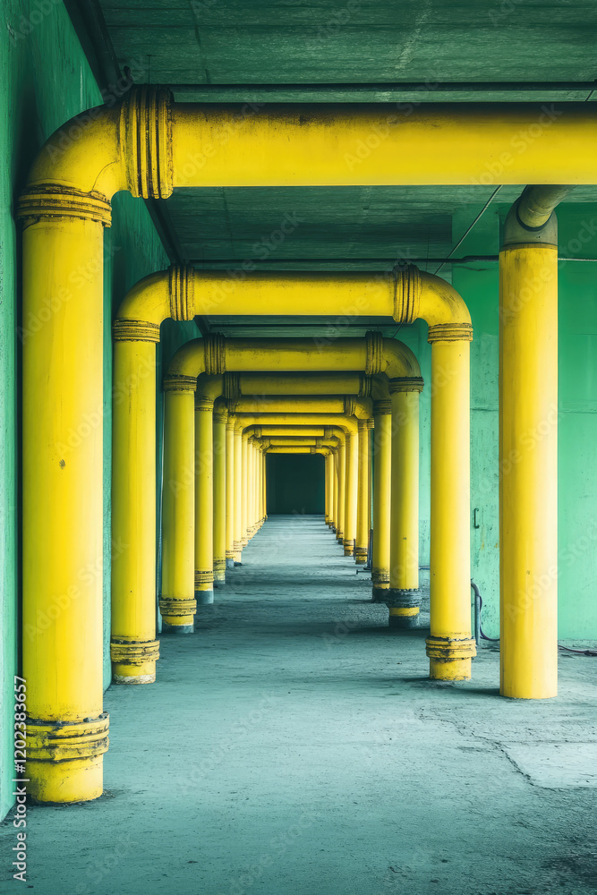 Interior of an empty industrial space with pipes. Warehouse, factory, technical room. Interior of an empty industrial space with pipes. Warehouse, factory, technical room.