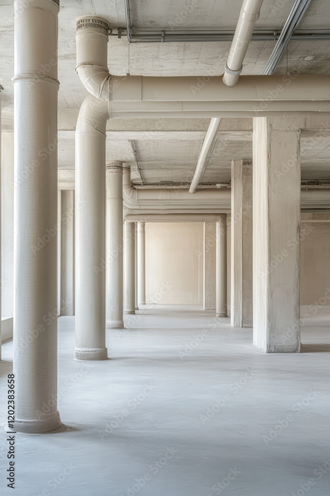 Interior of an empty industrial space with pipes. Warehouse, factory, technical room. Interior of an empty industrial space with pipes. Warehouse, factory, technical room.