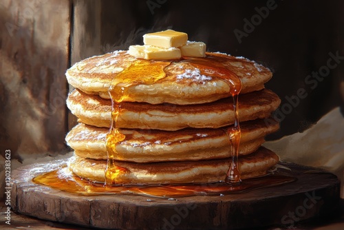 Stack of fluffy pancakes topped with butter and syrup in a warm setting