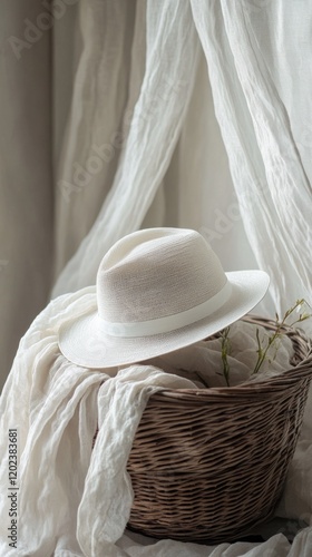 Light filtering through a window with a straw hat and greenery on a sunny mor...