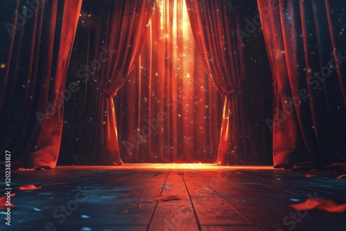 Stage with red curtain in a dimly lit theater before a performance begins