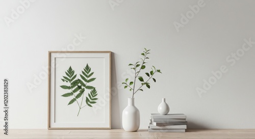 Minimalist Interior Mockup with Fern Print in Wooden Frame and Plant