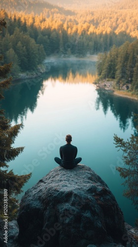 Peaceful moment of reflection by a serene lake surrounded by trees at sunset