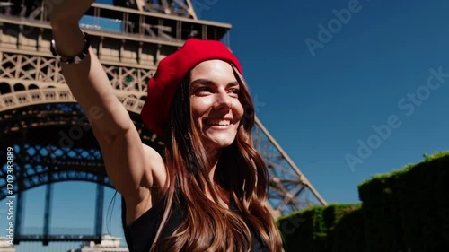 Woman Taking Selfie at Eiffel Tower Footage in Bright Daylight