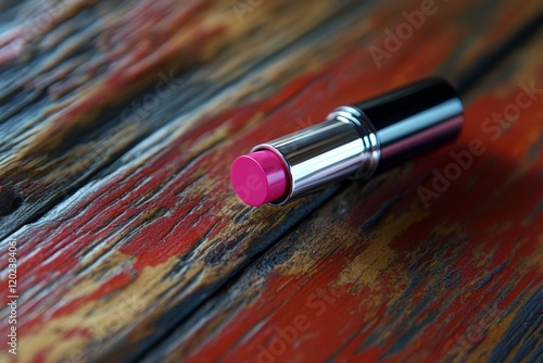 Vibrant pink lipstick resting on rustic wooden surface during indoor makeup r...