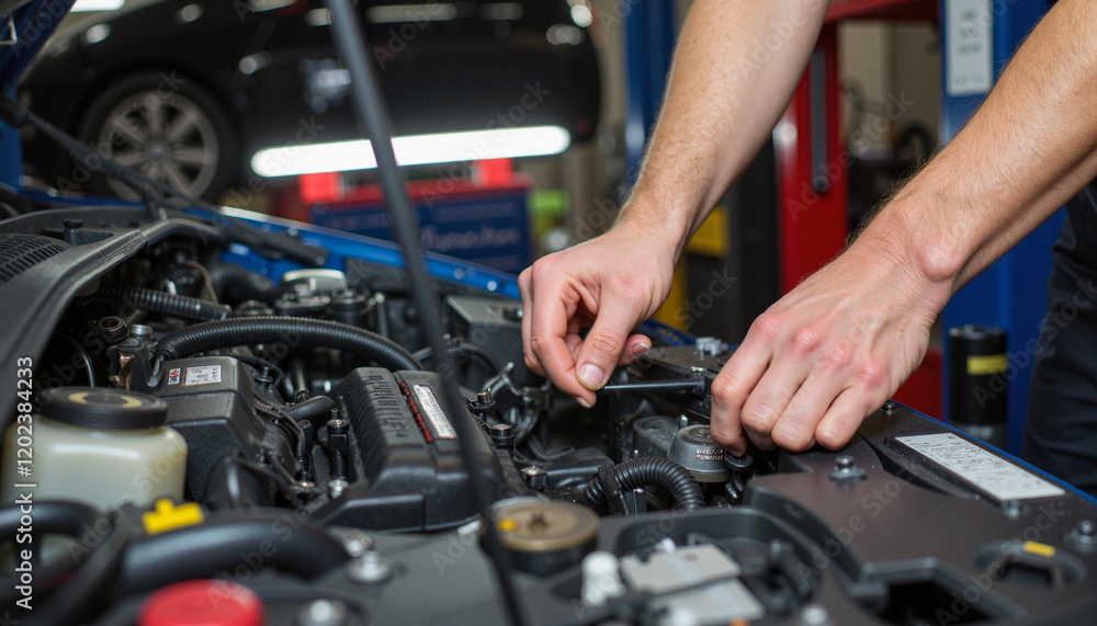 Mechanic fixing engine components in automotive workshop