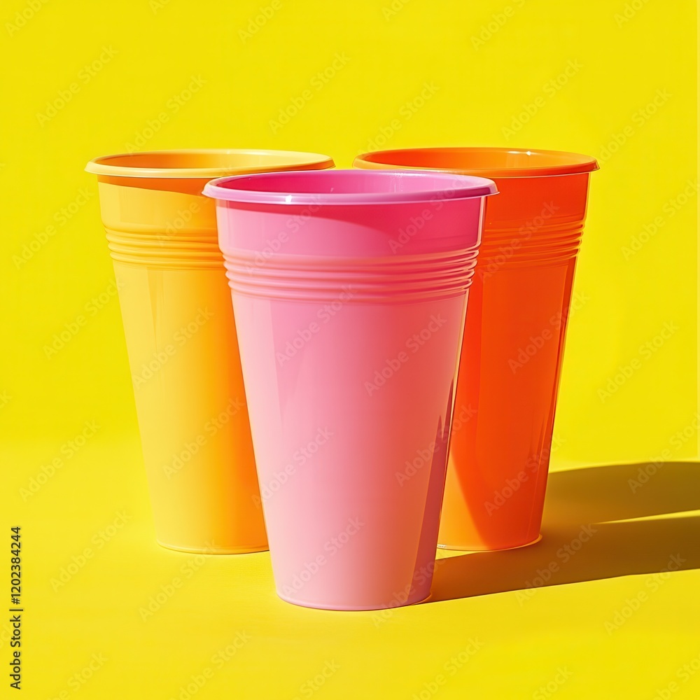 Three plastic cups with orange and pink drinks on a yellow background Three plastic cups with orange and pink drinks on a yellow background