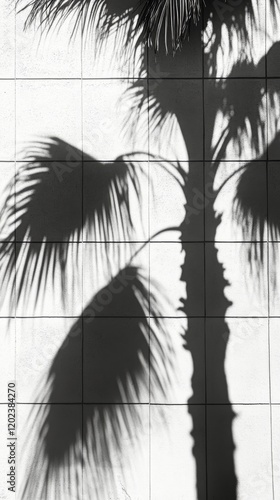 Palm tree shadow cast on textured wall in black and white photography