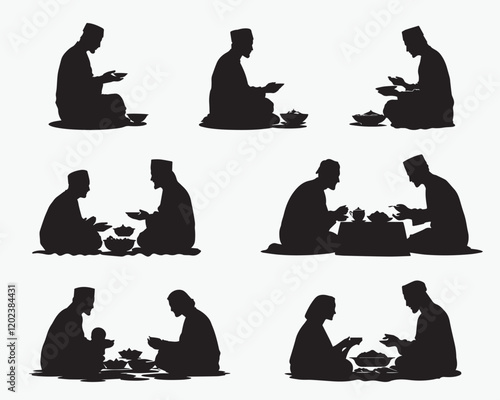 Set of Ramadan Silhouettes Showing Colleagues, Friends, and Families Praying and Sharing Iftar Meals