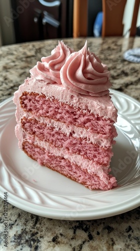 Delightful pink frosted cake slice on a white plate with a cherry on top garn...